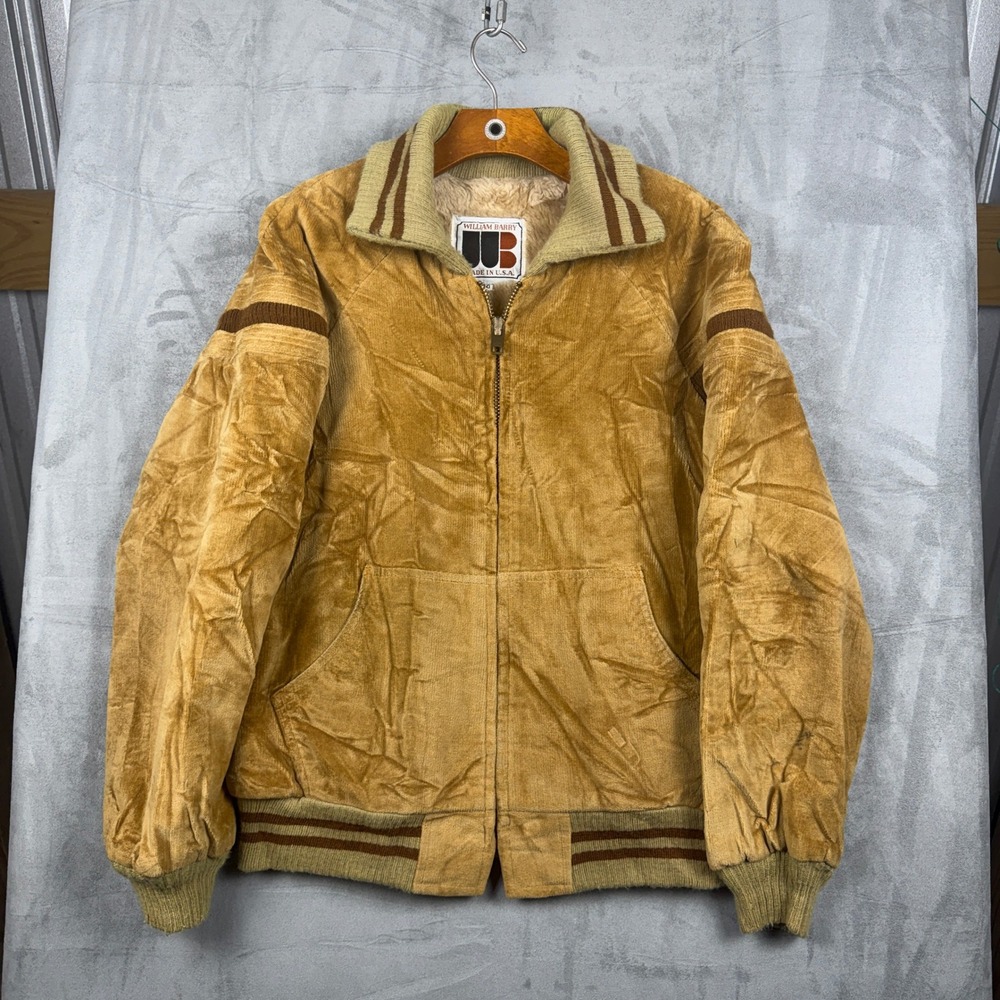 Vintage William Barry Corduroy Bomber Jacket Tan Faux Fur Lined USA Mens 40
